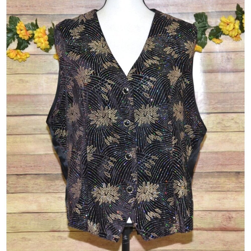 Impressions Vintage Ladies L Black Sparkles Glitter Vest Button Holiday Layering